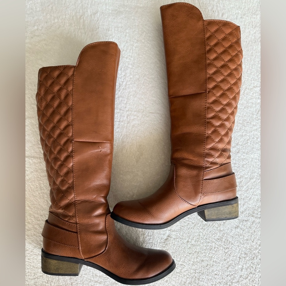 Brown Quilted Knee-High Boots